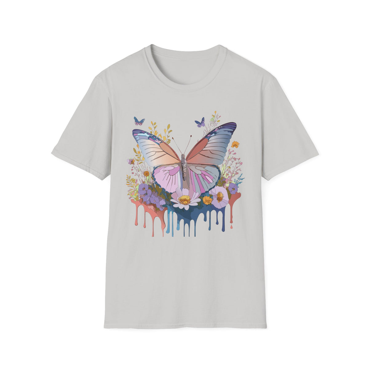 Butterfly Floral T-Shirt — Pastel Watercolor Wings with Drip Art Graphic Tee Unisex 100 Cotton Gildan T-Shirt