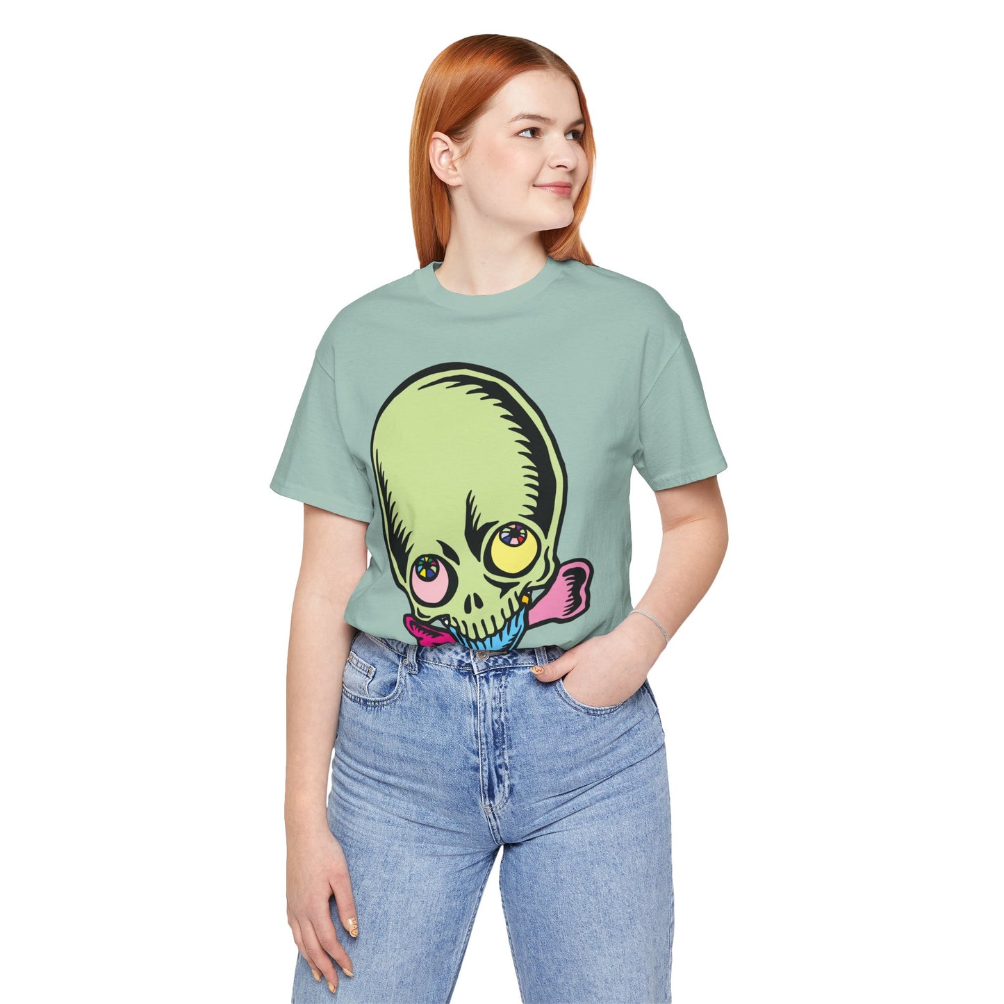 Lt Green Skull Graphic Design Tee, Skull Shirt, Vintage Tees, Art Design T-Shirt, Vintage Graphic Tee, Art Shirts with Skulls