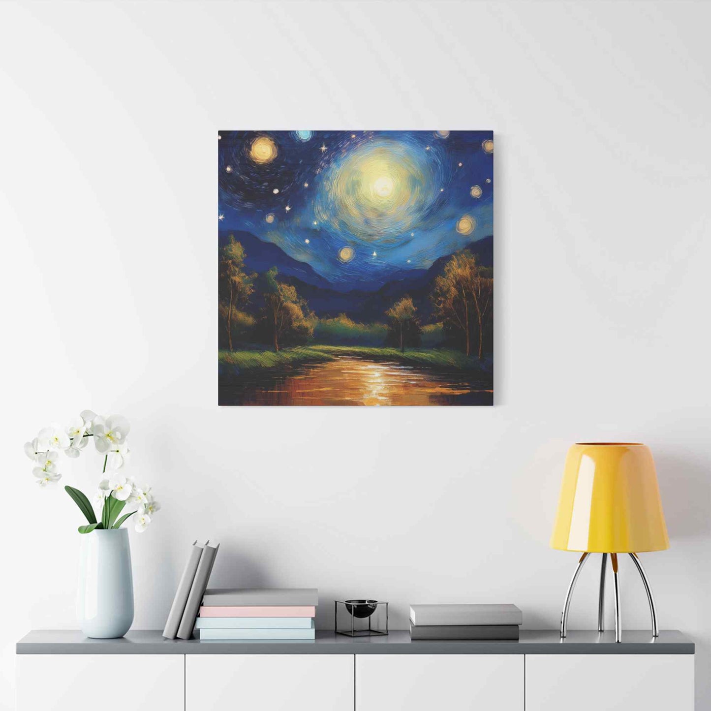 Starry Night Print Canvas, Oil Paint Print 20x20, 24x24, 30x30, 32x32, 36x36 Art Design Print Pine-Wood Inner Frame MC-38
