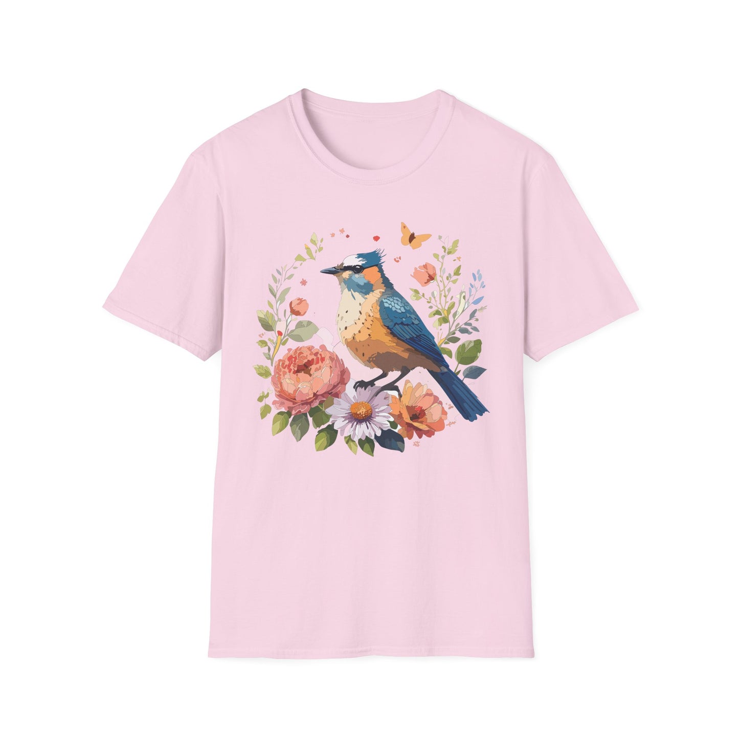 Floral Bluebird T-Shirt Unisex Cotton Short Sleeves Tee Shirt with Bird 3