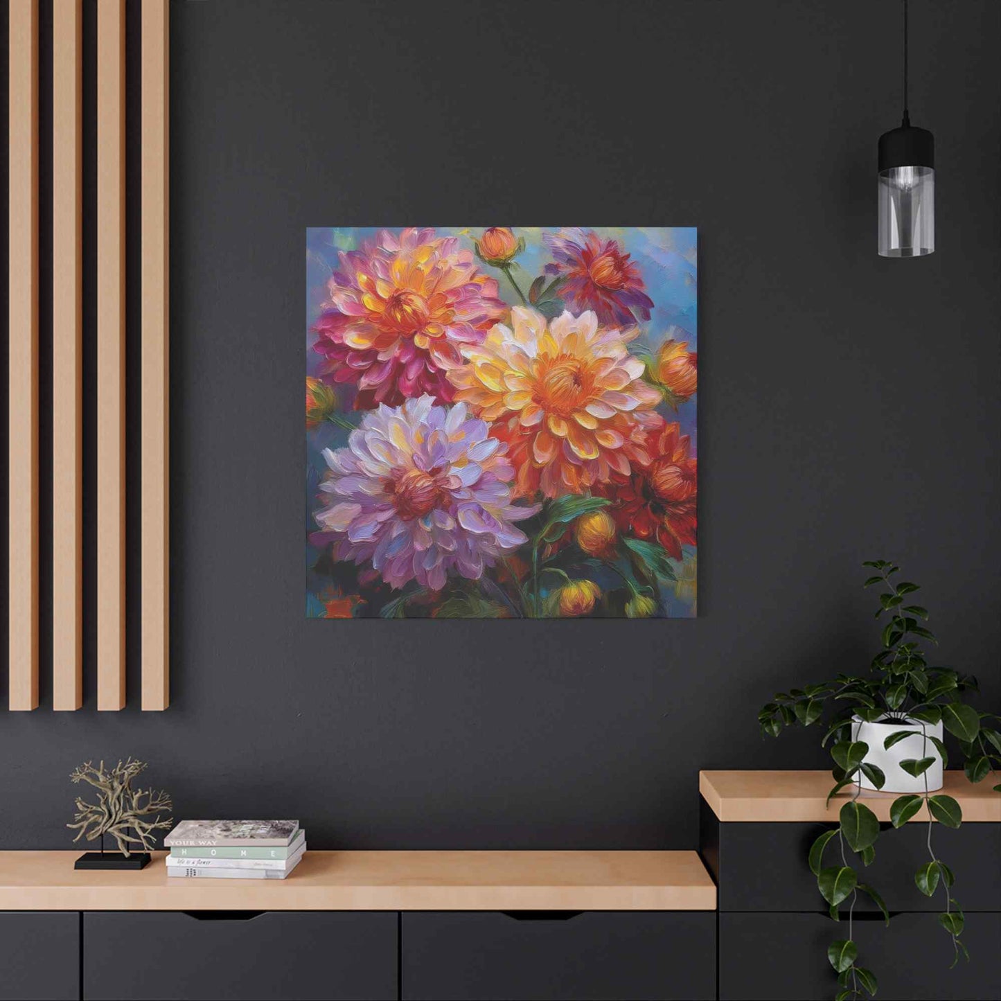 Dahlias Floral Print Canvas, Floral Oil Paint Print 20x20, 24x24, 30x30, 32x32, 36x36 Art Design Pine-Wood Inner Frame MC-165
