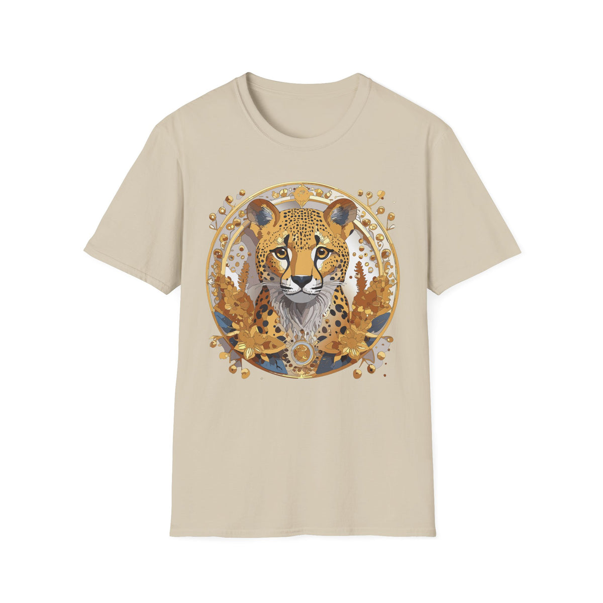 Golden Cheetah Face T-Shirt | Floral Accent, Boho Circle Design