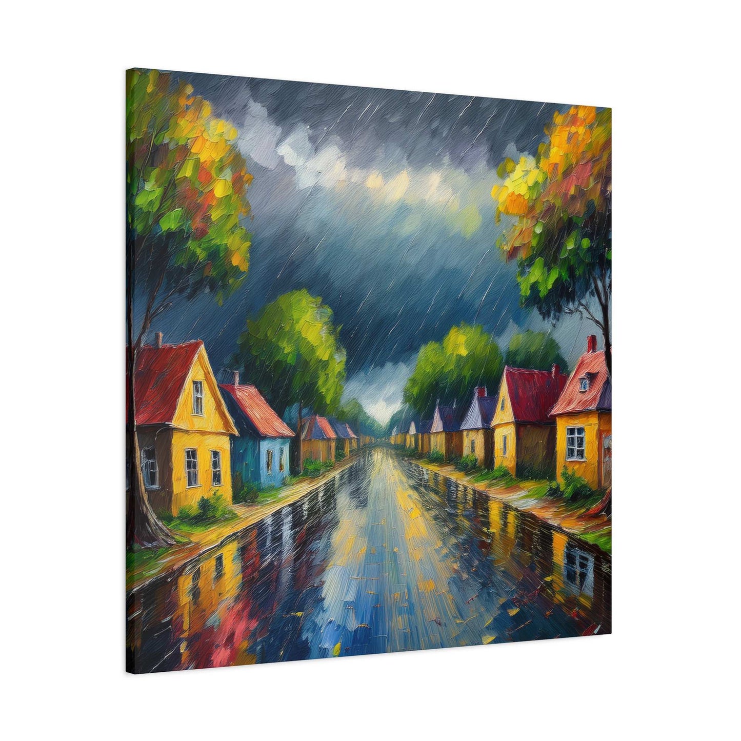 Rainy Village Street Canvas, Matte Oil Paint Print 20x20, 24x24, 30x30, 32x32, 36x36, Art Design Print Non-Frame MC-3