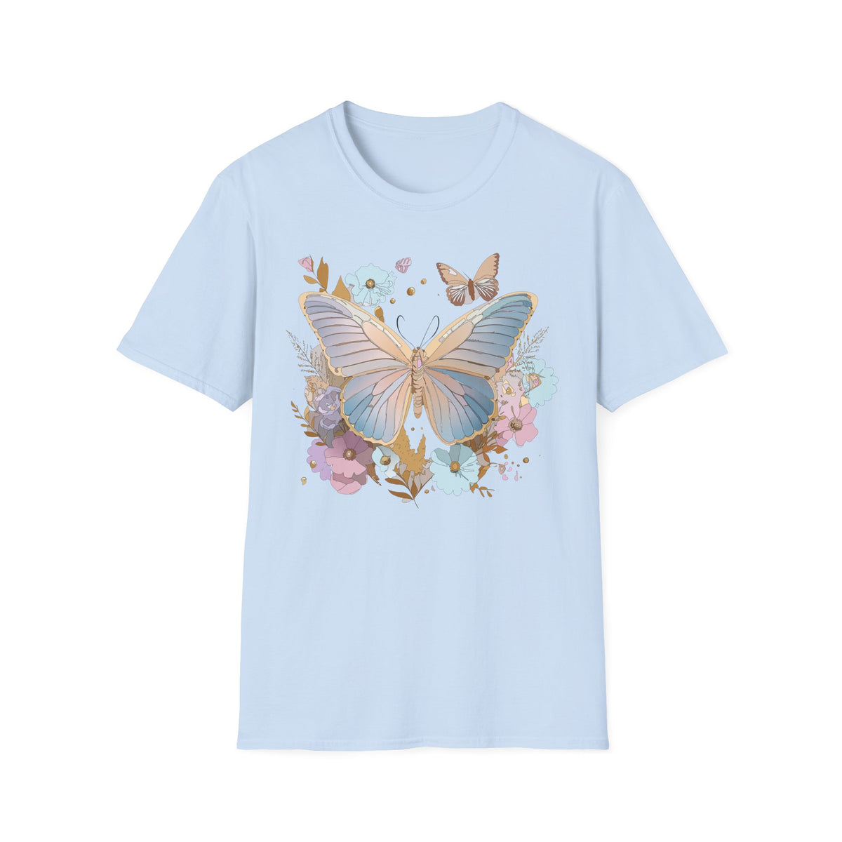 Butterfly Bloom T-Shirt — Pastel Floral Butterfly Graphic Design Unisex 100 Cotton Gildan T-Shirt