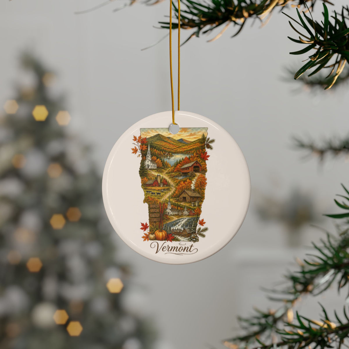 Vermont Autumn Landscape Ceramic Ornament | Round 2-Side Print - 2.99" Includes Gold String