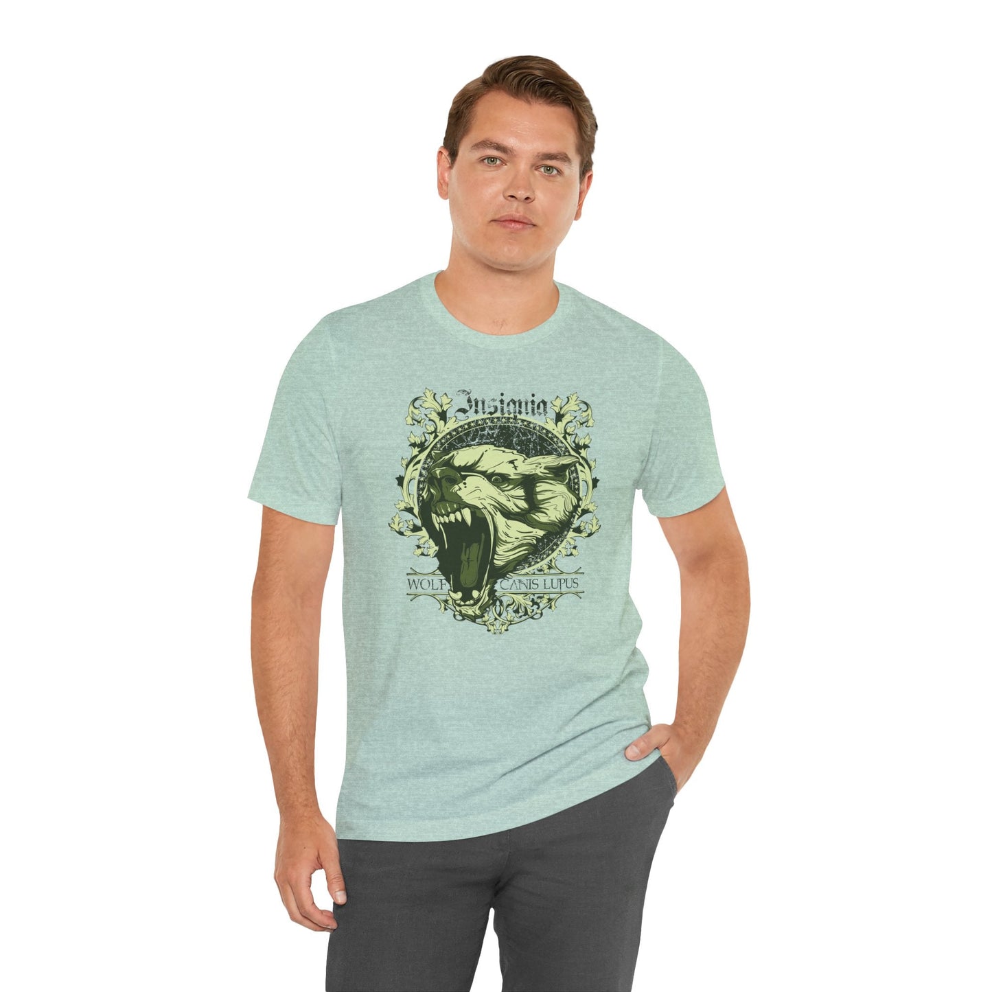 Howling Wolf Skull Tee Gothic Vintage Crest, Green Graphic Shirt Art-54