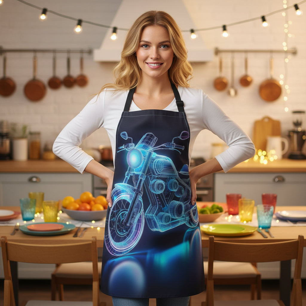 Neon Motorcycle Apron — Blue Retro Rider Grill & Workshop Apron Stain-Resistant - Art Print Canvas Apron