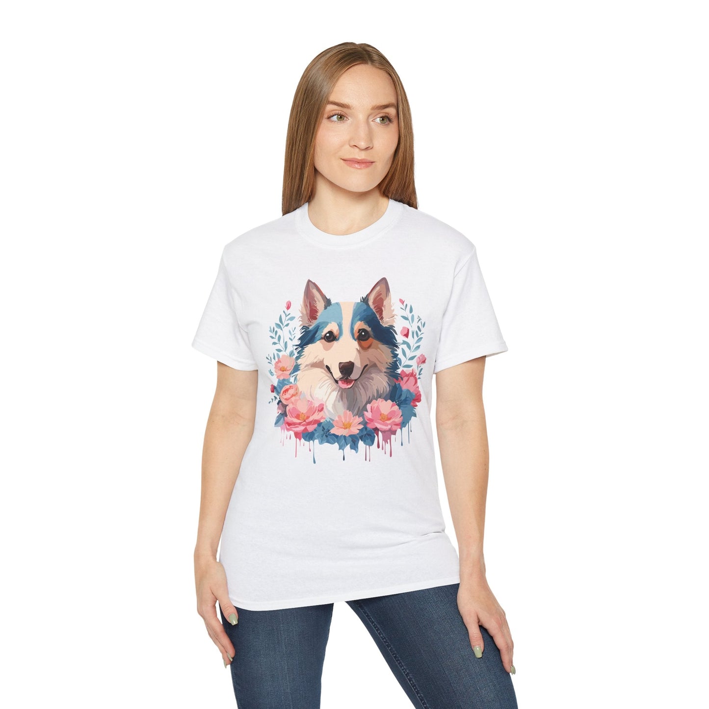Floral Dog T Shirt Unisex Cotton Tee Gildan 2000 Classic Fit