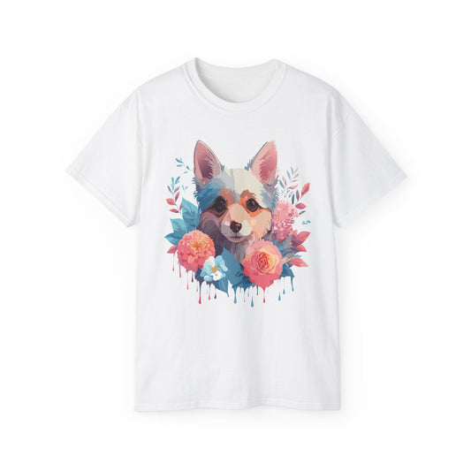 Unisex Animal Print T Shirt Floral Dog Design Graphic Tee Premium Cotton