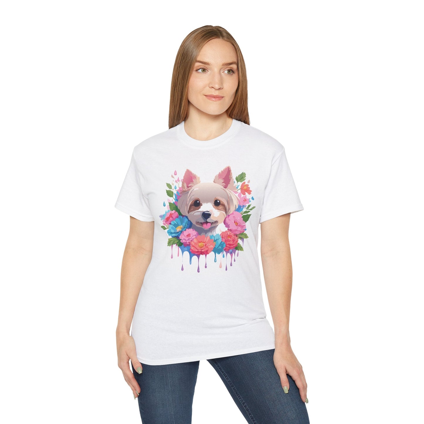 Unisex Floral Dog Design T Shirt Gildan 2000 Ultra Cotton Tee