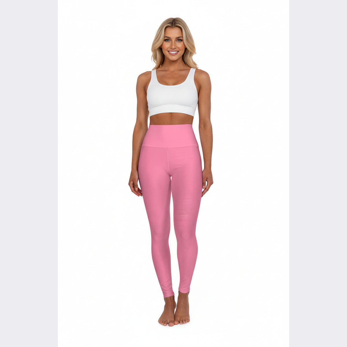 High-Waisted Bubblegum Pink Yoga Leggings Women's Seamless Poly-Span Stretchy Solid Pink Activewear for Pilates Everyday Wear