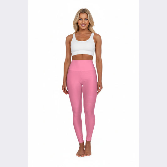 High-Waisted Bubblegum Pink Yoga Leggings Women's Seamless Poly-Span Stretchy Solid Pink Activewear for Pilates Everyday Wear