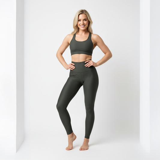 High-Waist Charcoal Yoga Leggings Women Seamless Poly-Span Activewear Dark Olive Activewear