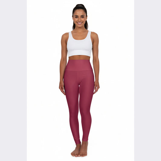 Cherry Rose Color High-Waisted Yoga Leggings, Rose Seamless Poly-Span Activewear