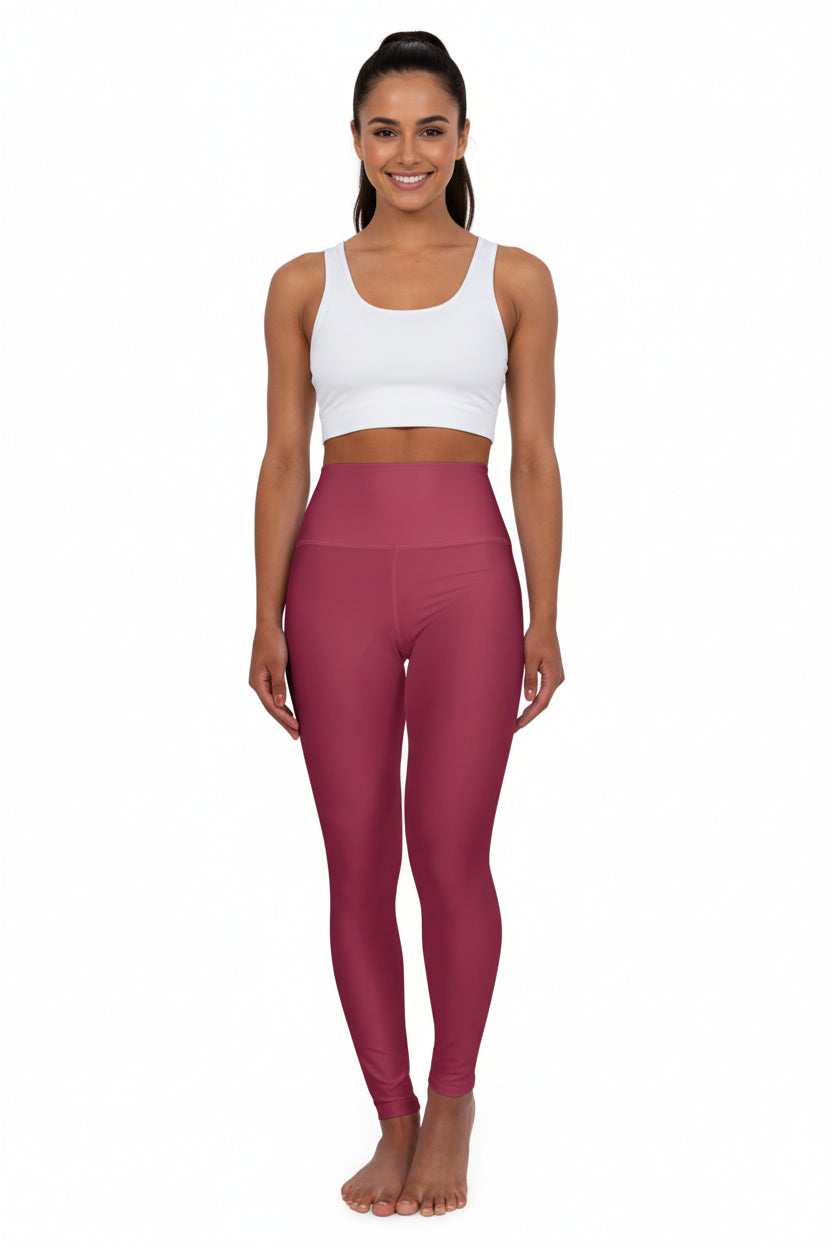 Cherry Rose Color High-Waisted Yoga Leggings, Rose Seamless Poly-Span Activewear