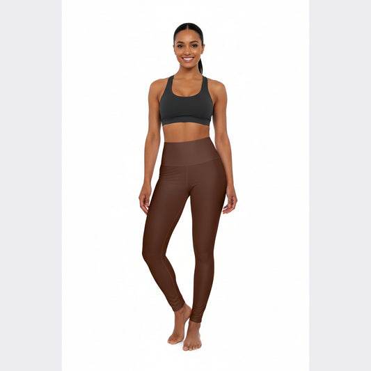 High-Waist Chocolate Brown Yoga Leggings Women's Poly-Span Solid Dark Chestnut Color Print Fitness Tights