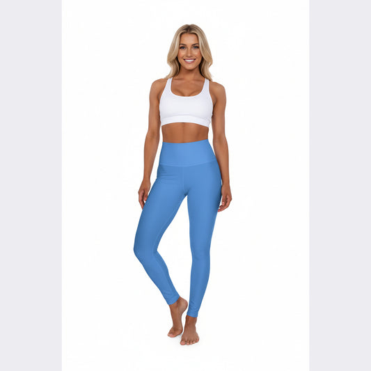 High-Waisted Cloudy Sky Blue Yoga Leggings Women's Seamless Poly-Span Stretchy Smooth Blue Performance Leggings