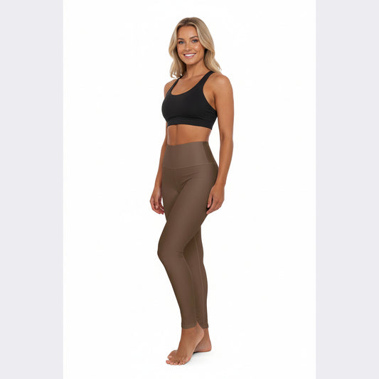 High-Waist Coffee Brown Color Yoga Leggings Neutral Brown Women's Poly-Span Seamless Activewear
