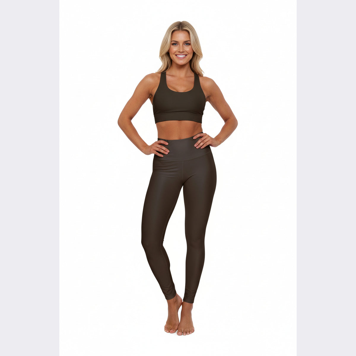 High-Waisted Dark Coffee Yoga Leggings Solid Dark Olive Women's Poly-Span Stretchy Athletic Pants for Yoga