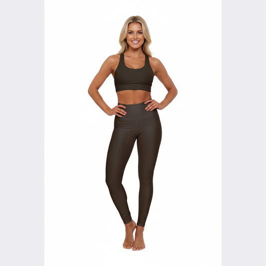 High-Waisted Dark Coffee Yoga Leggings Solid Dark Olive Women's Poly-Span Stretchy Athletic Pants for Yoga