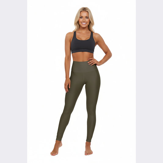 Dark Olive High-Waist Yoga Leggings Dark Khaki Women's Poly-Span Stretchy Athletic Workout Pants