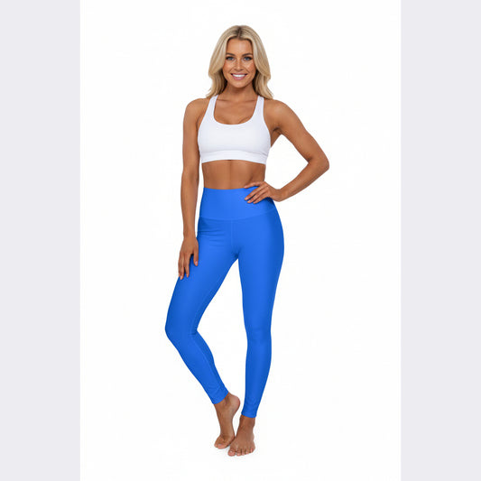 High-Waisted Digital Blue Yoga Leggings Women's Seamless Poly-Span Stretchy Solid Blue Activewear Pants