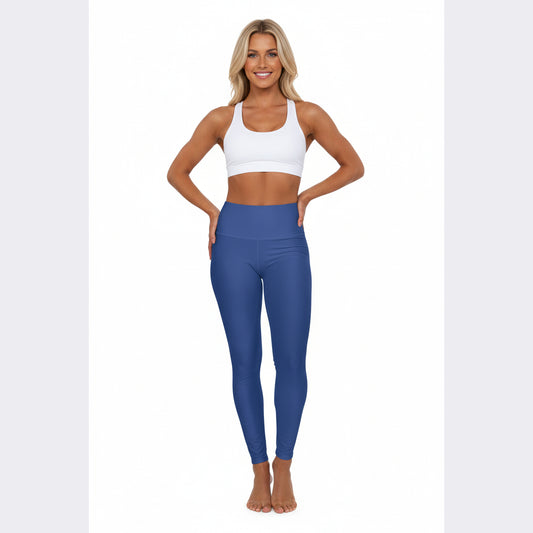 High-Waist Dusk Blue Yoga Leggings Women's Seamless Poly-Span Stretchy Comfortable Solid Blue Activewear for Pilates