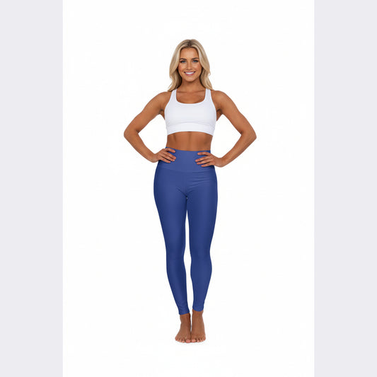 High-Waisted French Blue Yoga Leggings Women's Seamless Poly-Span Solid Blue Stretch Yoga Pants