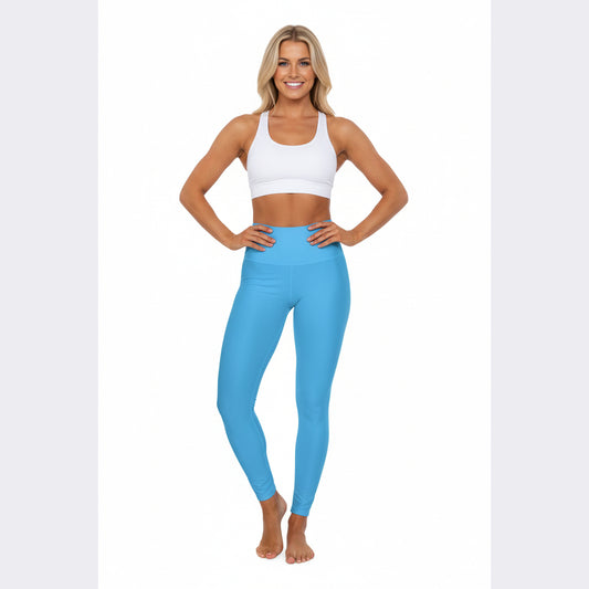 High-Waist Fresh Sky Blue Yoga Leggings Women's Seamless Poly-Span Solid Blue Stretchy Activewear for Pilates