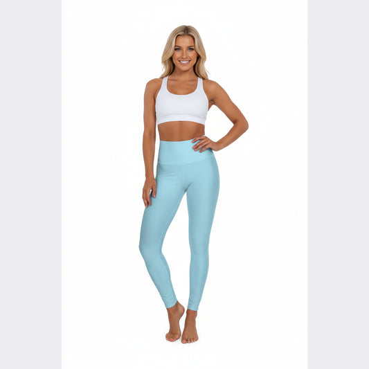 High-Waisted Frosted Blue Yoga Leggings Women's Seamless Poly-Span Stretchy Pastel Sky Blue Activewear Pants