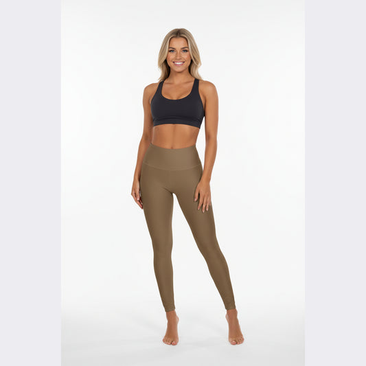 High-Waisted Olive Wood Yoga Leggings Comfortable Everyday Women's Seamless Poly-Span Tan Workout Pants