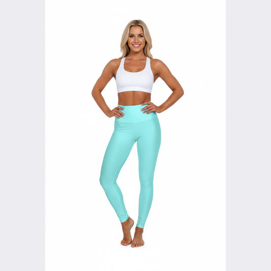 High-Waisted Pale Cyan Blue Yoga Leggings Women's Seamless Poly-Span Stretchy Aqua Activewear Pants