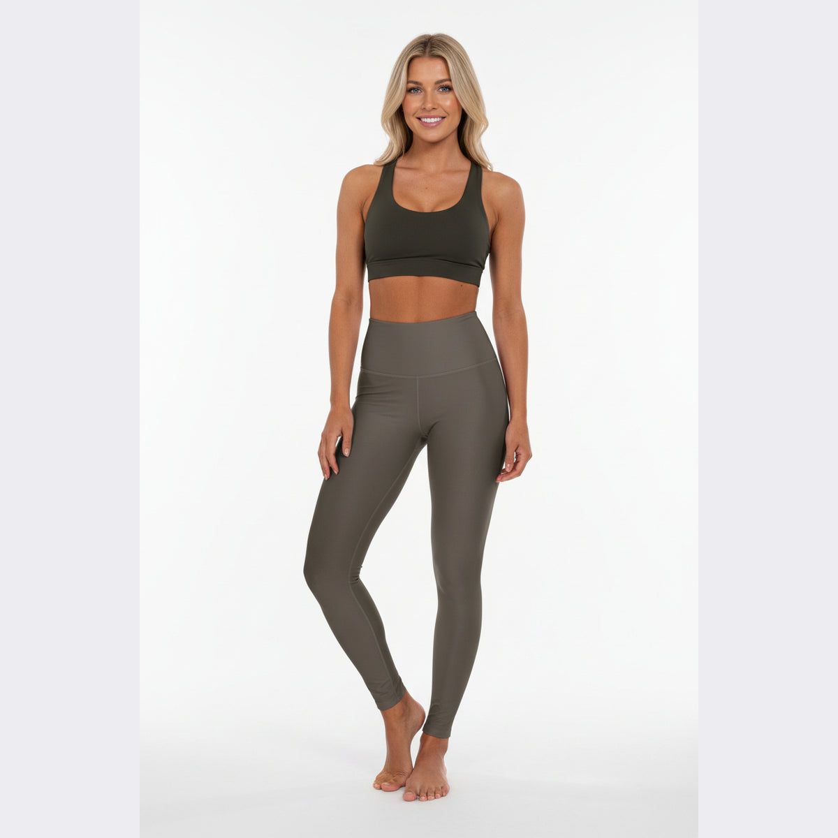 High-Waist Stone Olive Yoga Leggings Seamless Stretch Women's Seamless Dark Olive Poly-Span Activewear
