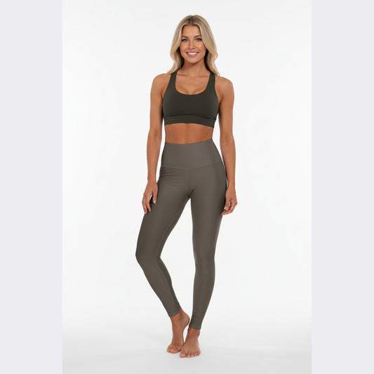 High-Waist Stone Olive Yoga Leggings Seamless Stretch Women's Seamless Dark Olive Poly-Span Activewear