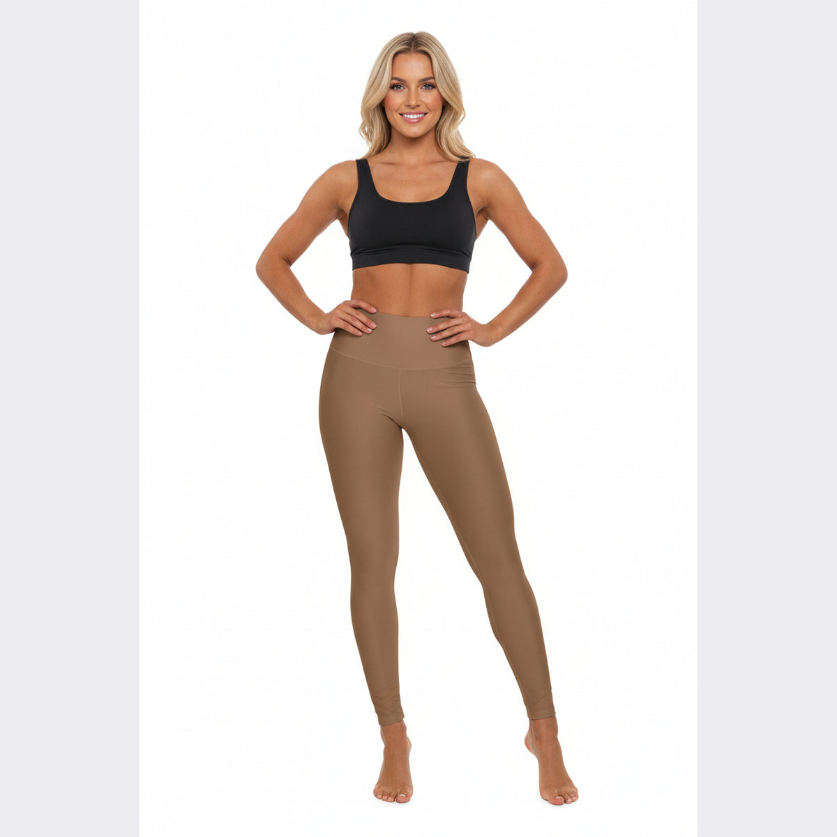 High-Waisted Toffee Brown Yoga Leggings Smooth Camel Women's Seamless Poly-Span Performance Leggings