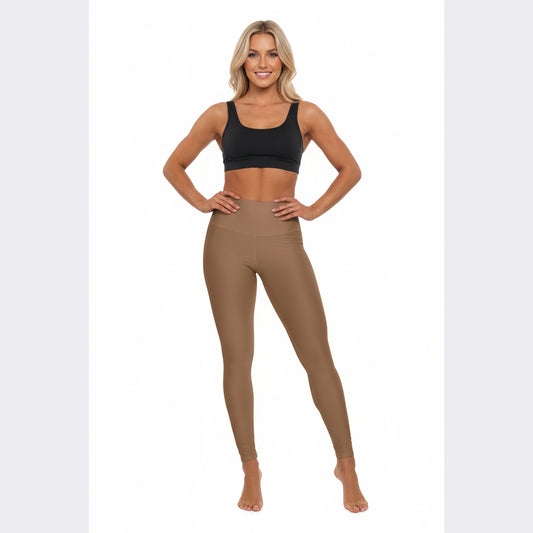 High-Waisted Toffee Brown Yoga Leggings Smooth Camel Women's Seamless Poly-Span Performance Leggings