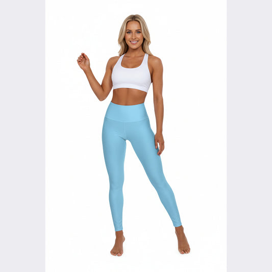 High-Waist Turquoise Blue Yoga Leggings Women's Seamless Poly-Span Stretchy Light Blue Activewear Pants