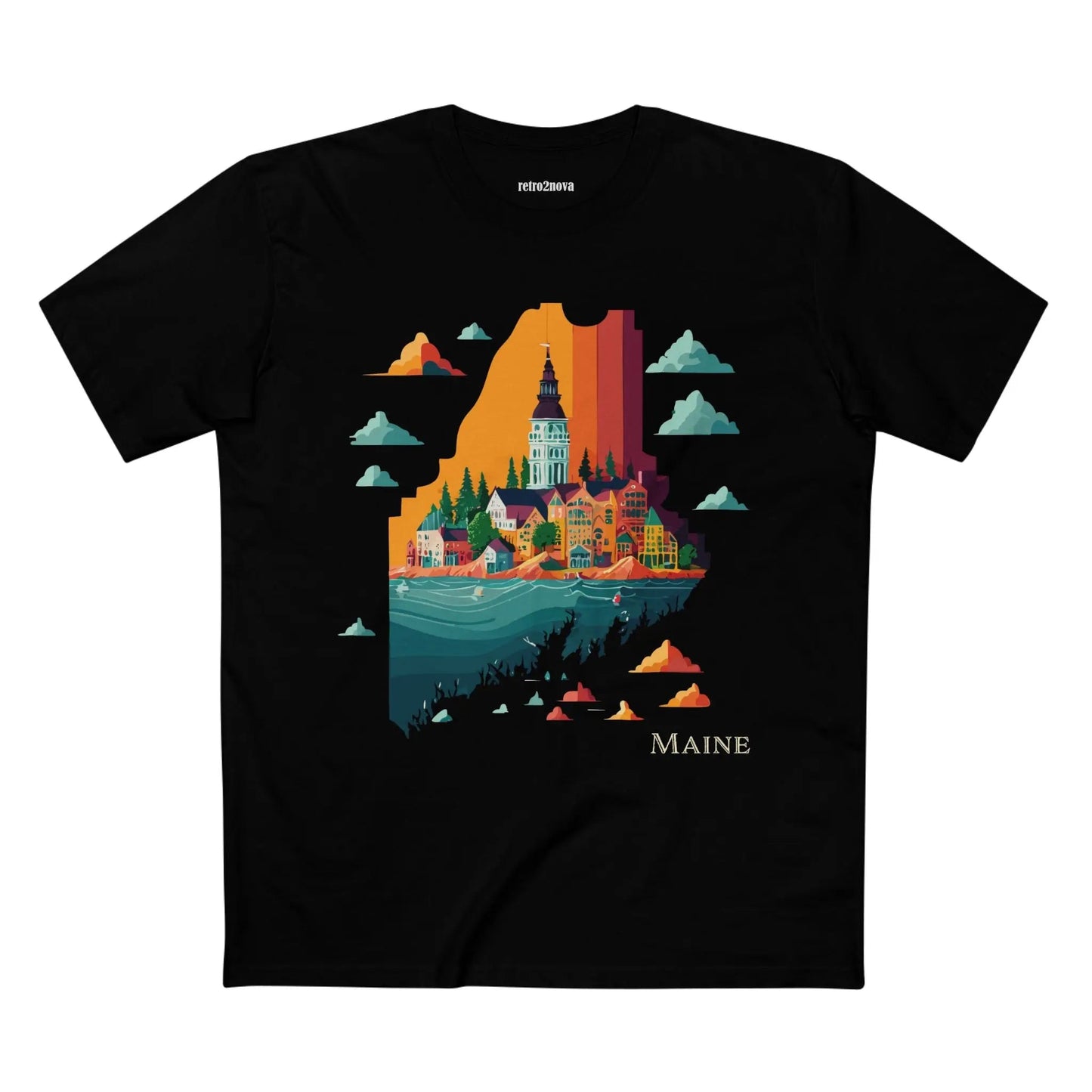 Maine State Shirt For Unisex Premium Cotton Tee With Original Retro2Nova Art Design