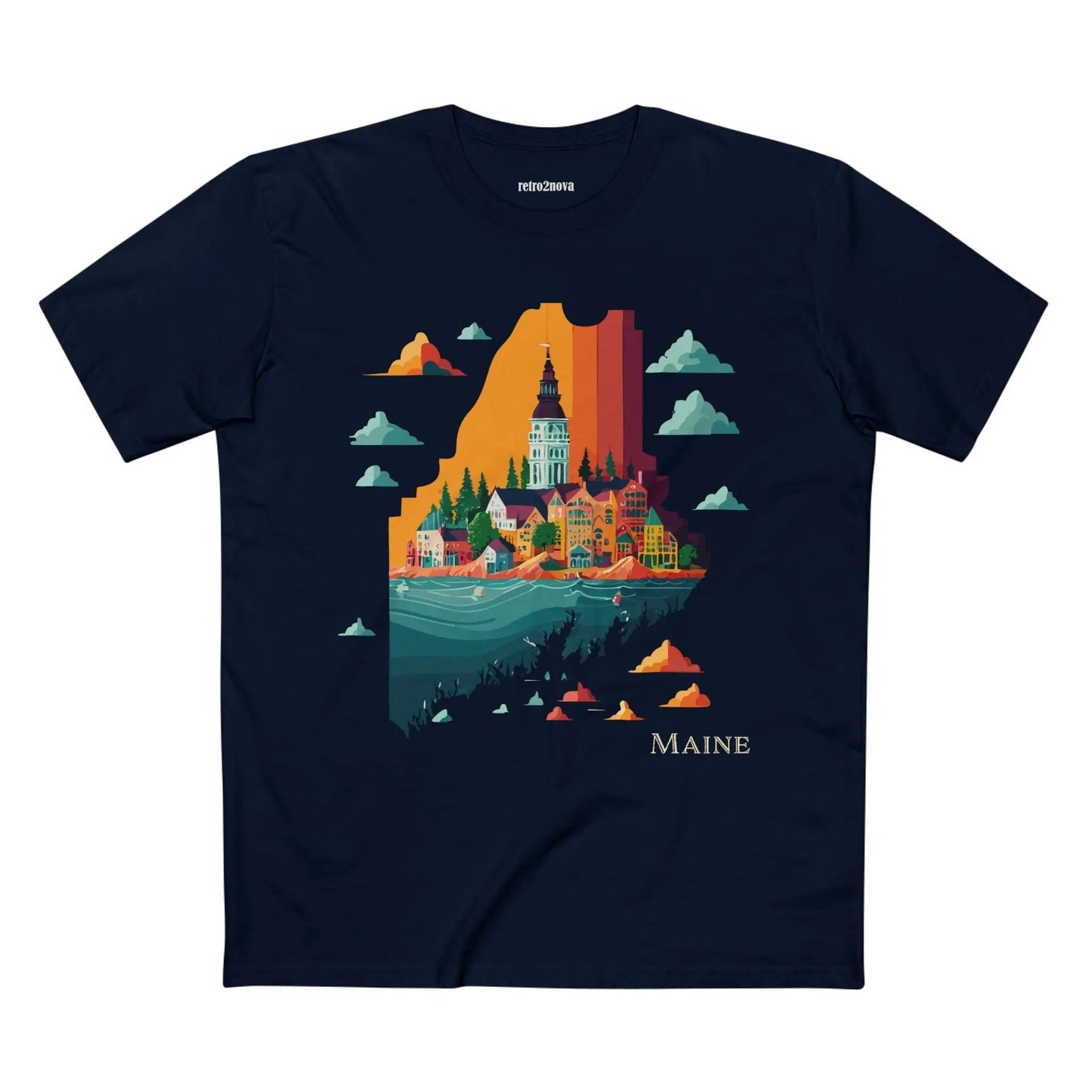 Maine State Shirt For Unisex Premium Cotton Tee With Original Retro2Nova Art Design