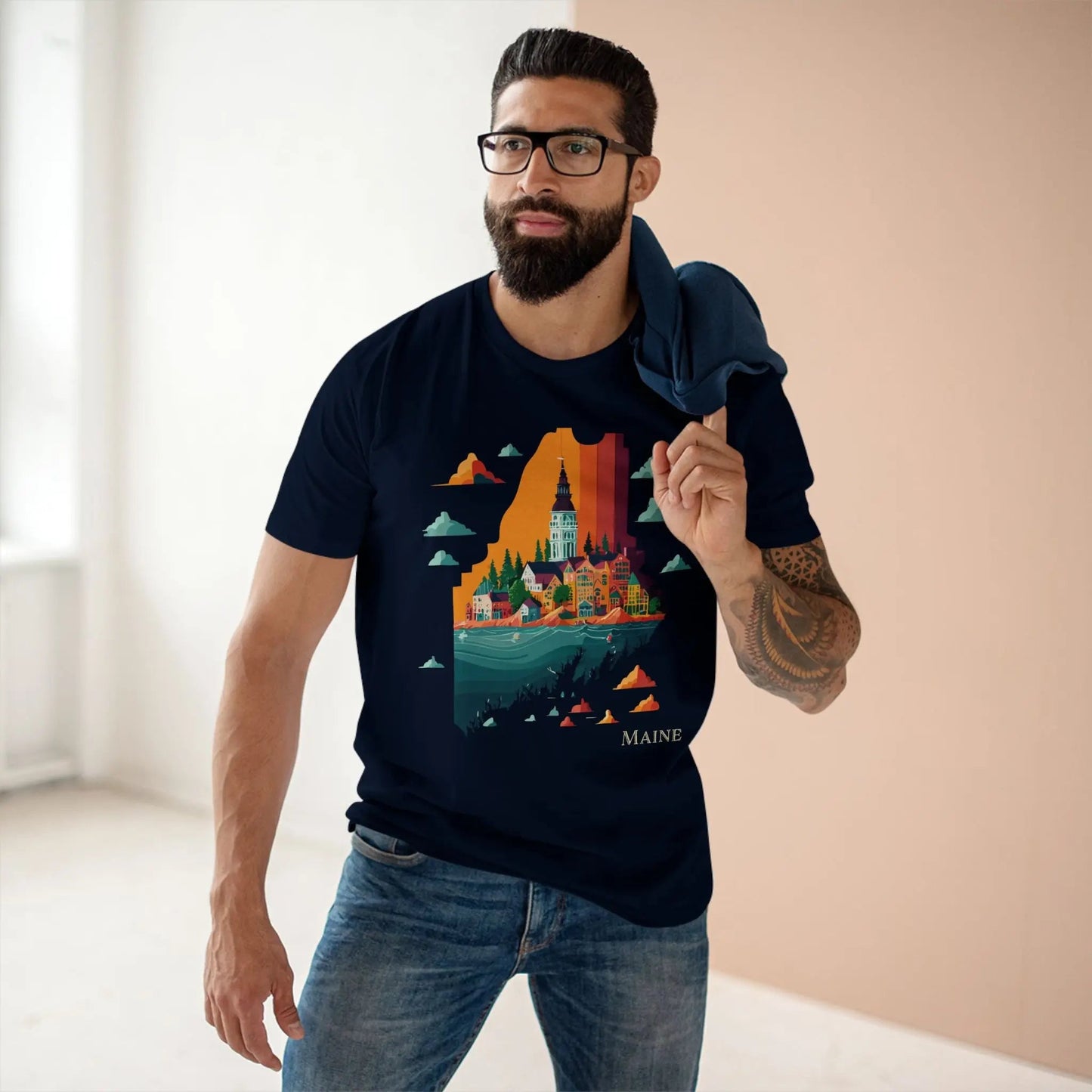 Maine State Shirt For Unisex Premium Cotton Tee With Original Retro2Nova Art Design