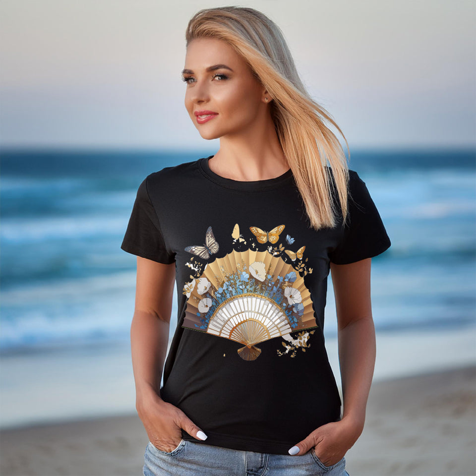 Antique Fan Graphic Design T-Shirt Unisex 100 Cotton Floral Carnival Artwork Tee 1