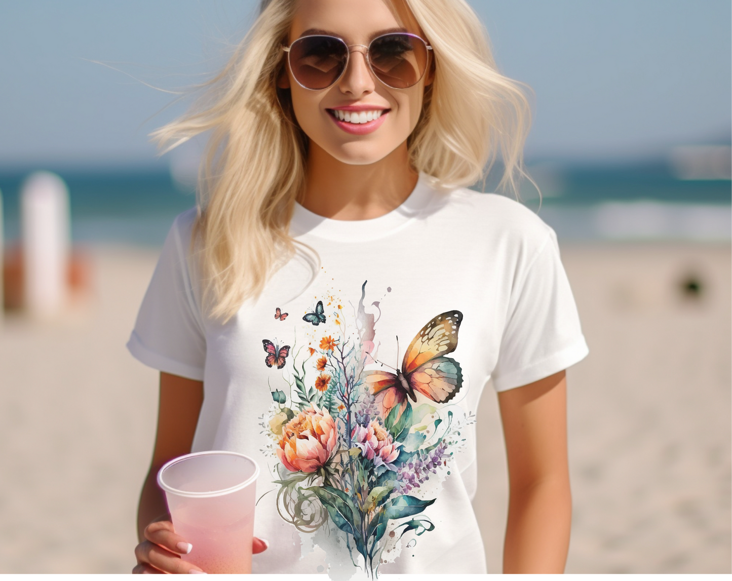 Cotton Tee Shirt with Butterfly Prints