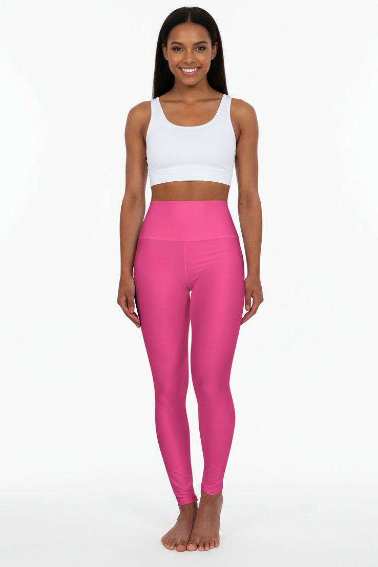 Wild Strawberry Color High-Waisted Yoga Leggings, Pink Seamless Poly-Span Activewear