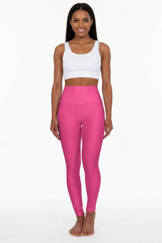Wild Strawberry Color High-Waisted Yoga Leggings, Pink Seamless Poly-Span Activewear