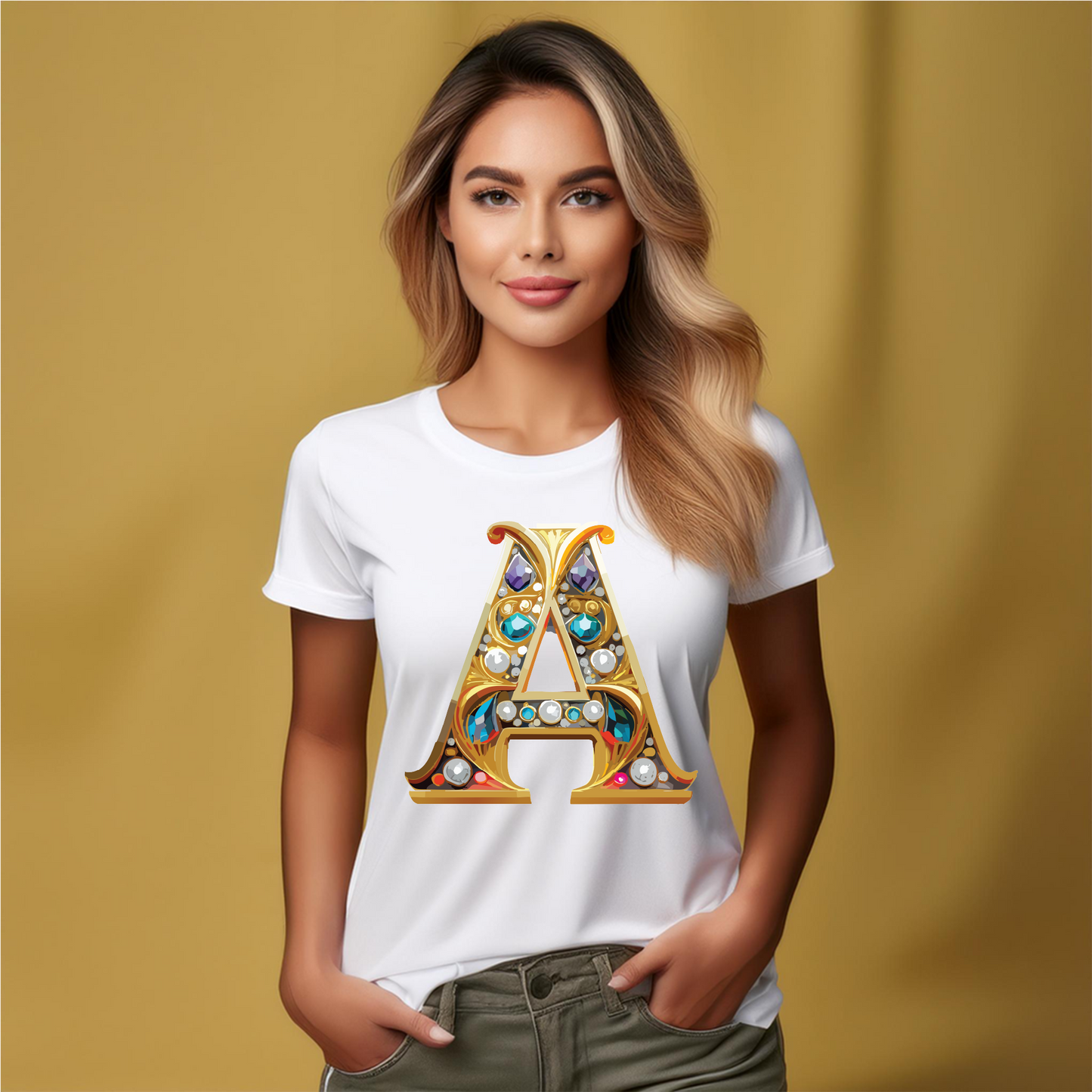 Letter A Graphic Design Tee Unisex 100 Cotton With Antique Gold Letters Artwork T-Shirt