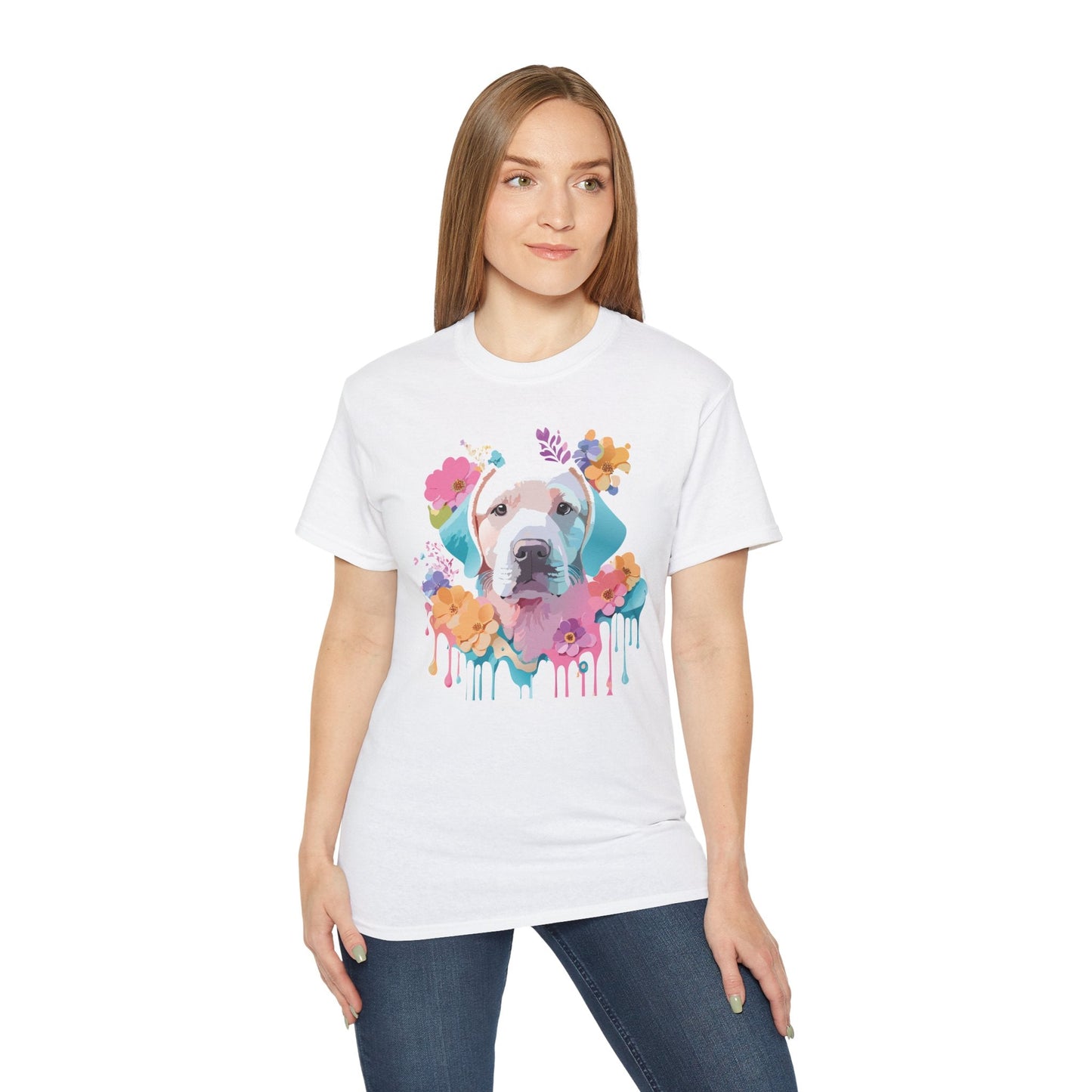 Unisex Floral Dog Tee Shirt Ultra Cotton Classic Fit Gildan 2000