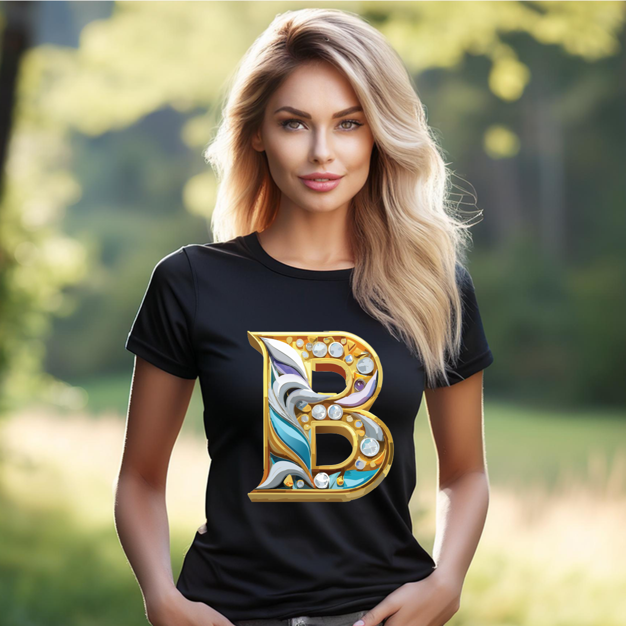 Letter B Graphic Design Tee Unisex 100 Cotton With Antique Gold Letters Artwork T-Shirt