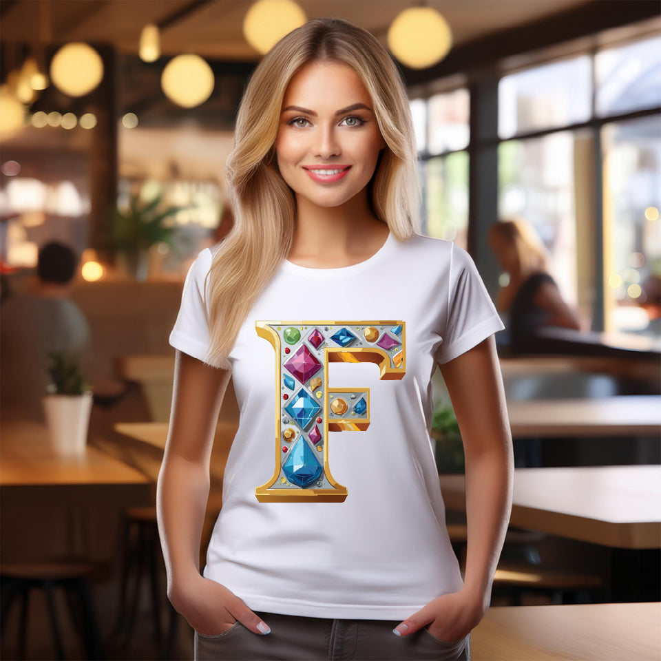 Letter F Graphic Design Tee Unisex 100 Cotton With Antique Gold Letters Artwork T-Shirt