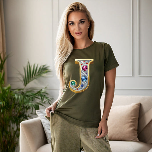 Letter J Graphic Design Tee Unisex 100 Cotton With Antique Gold Letters Artwork T-Shirt