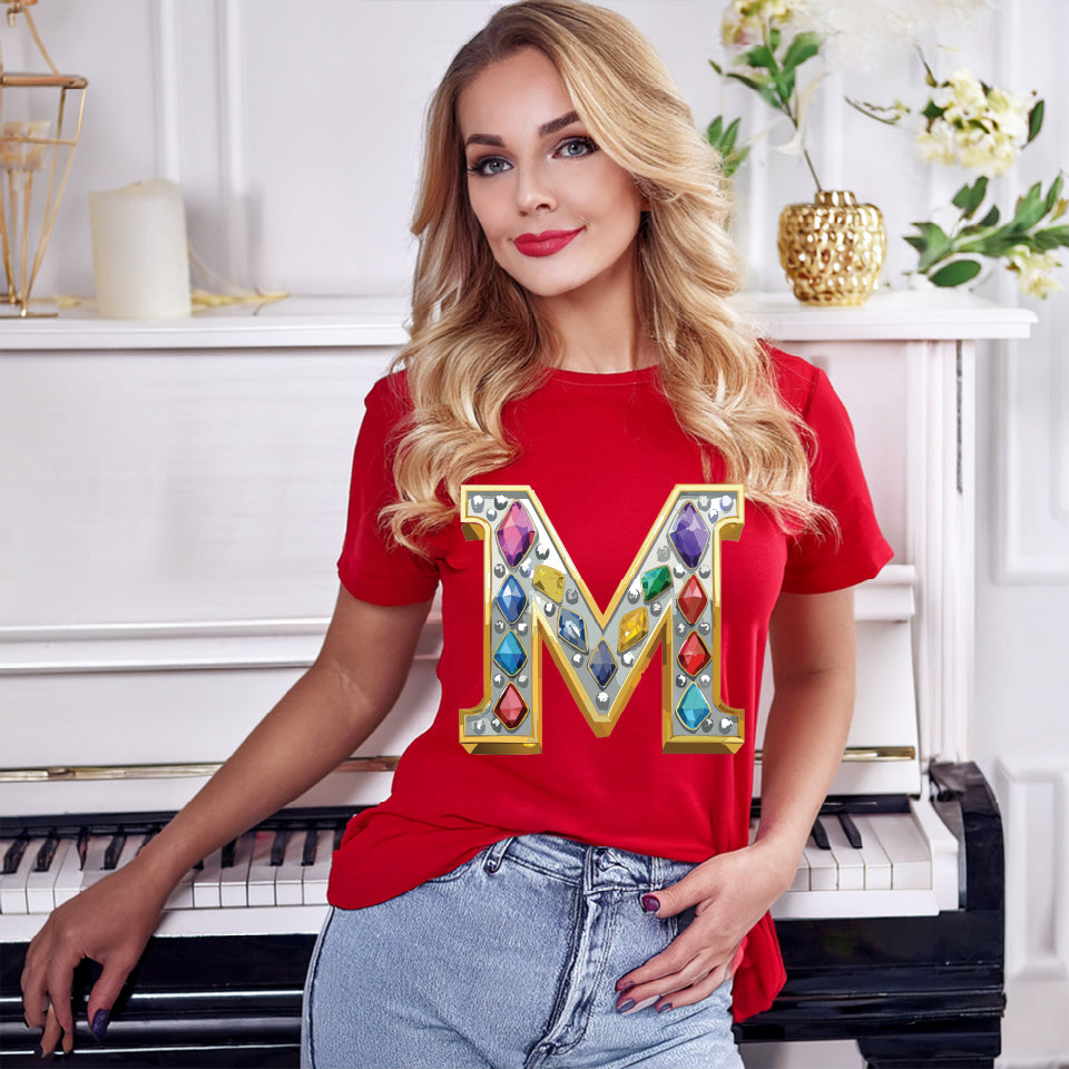 Letter M Graphic Design Tee Unisex 100 Cotton With Antique Gold Letters Artwork T-Shirt